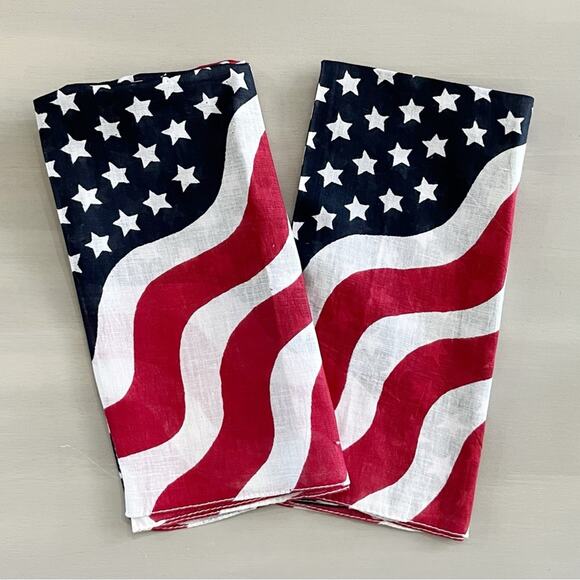 Set of 2 Vintage Handkerchief Bandana Wavy Stars Stripes July 4th Red White Blue - Picture 1 of 8